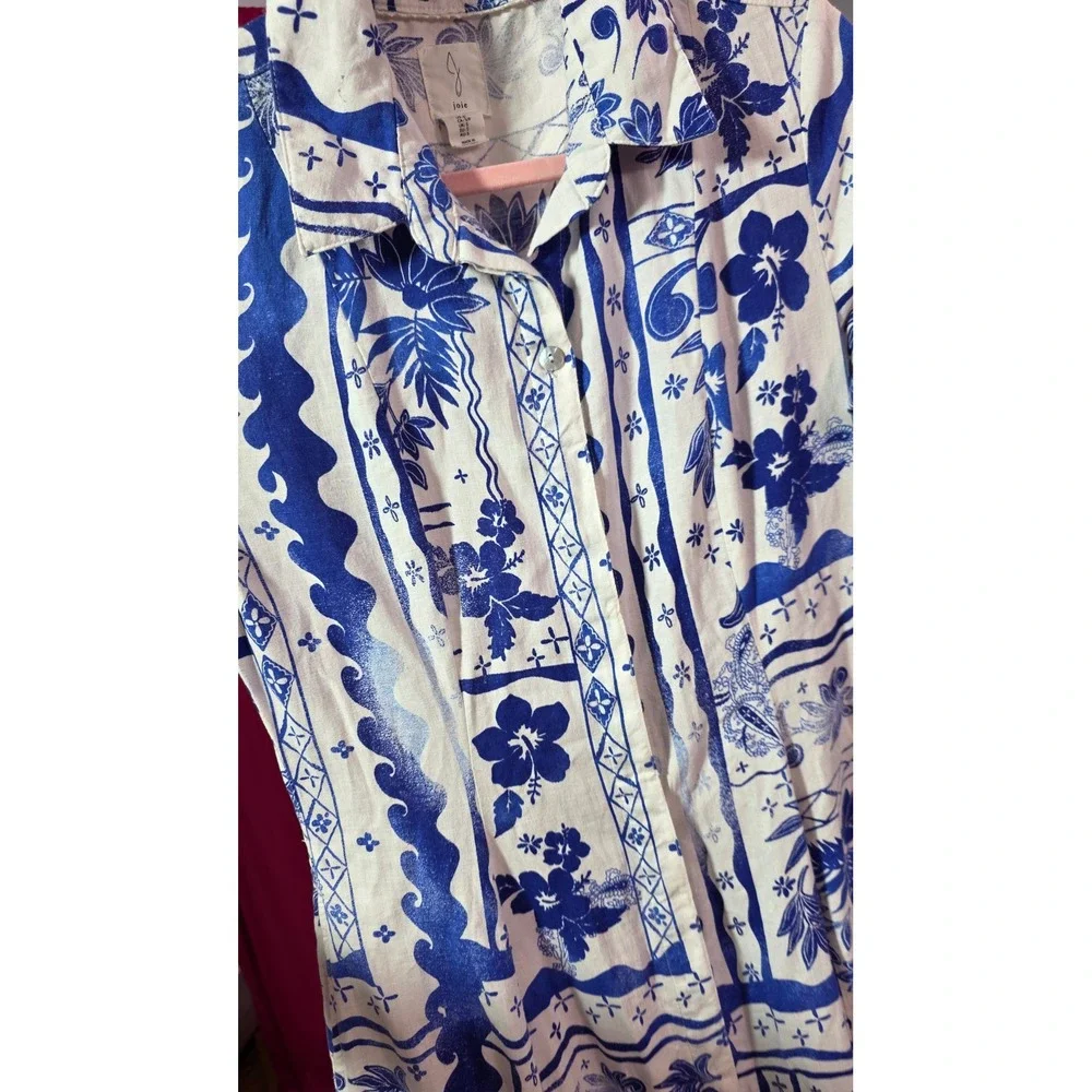 Joie Blue White Linen Rayon Floral Batik Midi Shirt Dress Small - Picture 11 of 11